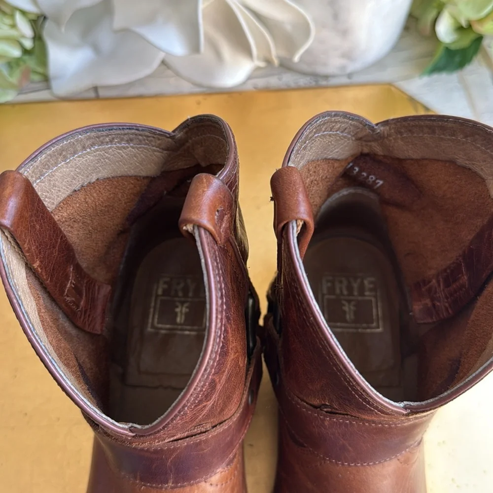 Frye Wyatt Harness Distressed Short Boot in Cognac Leather